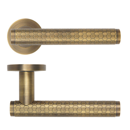Favo Lever On Round Rose, Antique Brass Finish
