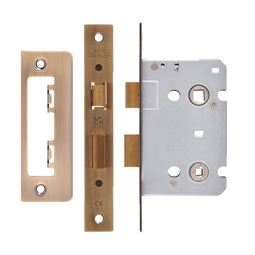 Mortice Bathroom Lock, 64mm - 57mm Centres, Square, Antique Brass Finish