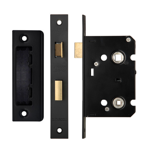 Mortice Bathroom Lock, 64mm - 57mm Centres, Square, Powder Coated Black Finish