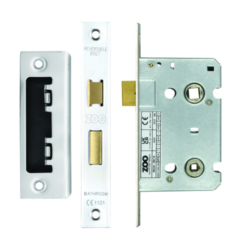 Mortice Bathroom Lock, 64mm - 57mm Centres, Square, Polished Stainless Steel Finish