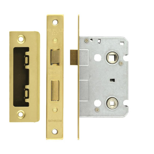 Mortice Bathroom Lock, 64mm - 57mm Centres, Square, PVD Polished Brass Finish