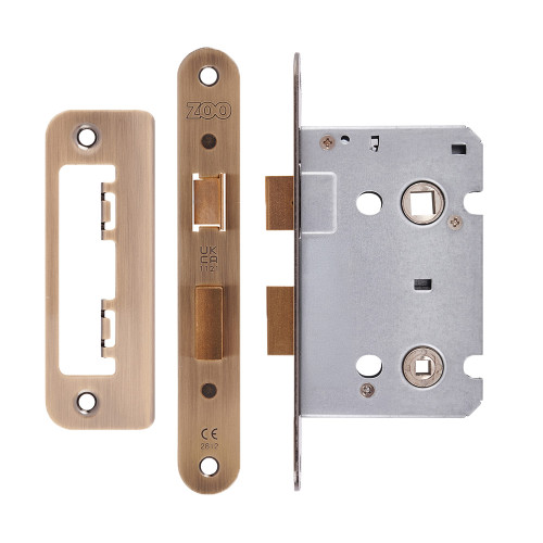 Mortice Bathroom Lock, 64mm - 57mm Centres, Radius, Antique Brass Finish