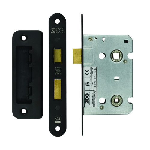 Mortice Bathroom Lock, 64mm - 57mm Centres, Radius, Powder Coated Black Finish