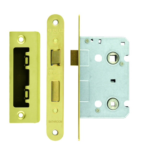 Mortice Bathroom Lock, 64mm - 57mm Centres, Radius, PVD Polished Brass Finish