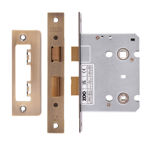 Mortice Bathroom Lock, 76mm - 57mm Centres, Square, Antique Brass Finish