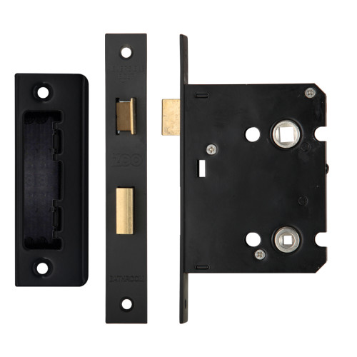 Mortice Bathroom Lock, 76mm - 57mm Centres, Square, Powder Coated Black Finish