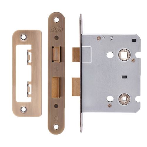 Mortice Bathroom Lock, 76mm - 57mm Centres, Radius, Antique Brass Finish