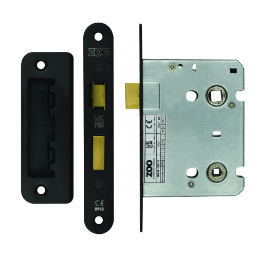 Mortice Bathroom Lock, 76mm - 57mm Centres, Radius, Powder Coated Black Finish
