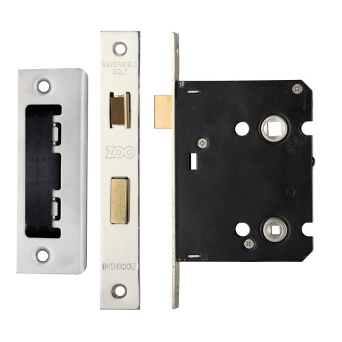 Mortice Bathroom Lock, 76mm - 57mm Centres, Square, Satin Stainless Steel Finish