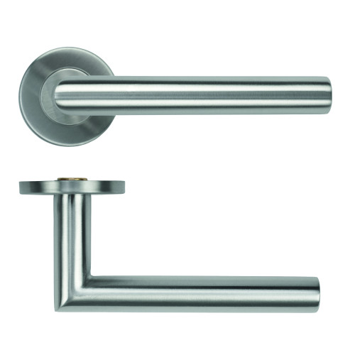 19mm Mitred Lever on Round Rose - Satin Stainless Steel - 53mm x 6mm Push-on Rose - BS EN 1906 Grade 3 - Grade 201 SS