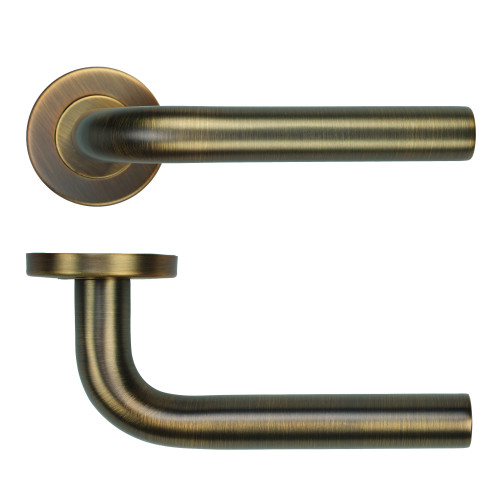 19mm Radius Lever on Round Rose - Antique Brass - 52mm x 8mm Push-on Rose - BS EN 1906 Grade 3 - Grade 201 SS