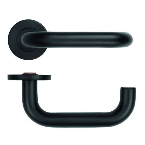 19mm Tubular Return to Door Lever on Round Rose - Powder Coated Black - 53mm x 6mm Push-on Rose - BS EN 1906 Grade 3 - Grade 201 SS