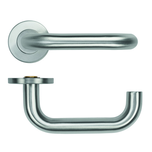 19mm Tubular Return to Door Lever on Round Rose - Satin Stainless Steel - 53mm x 6mm Push-on Rose - BS EN 1906 Grade 3 - Grade 201 SS