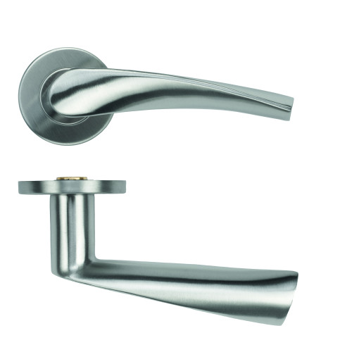 Twist Lever on Round Rose - Satin Stainless Steel - 53mm x 6mm Push-on Rose - BS EN 1906 Grade 3 - Grade 201 SS