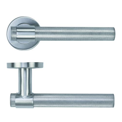 Knurled Lever on Round Rose - Satin Stainless Steel - 52mm x 8mm Push-on Rose - BS EN 1906 Grade 3 - Grade 201 SS