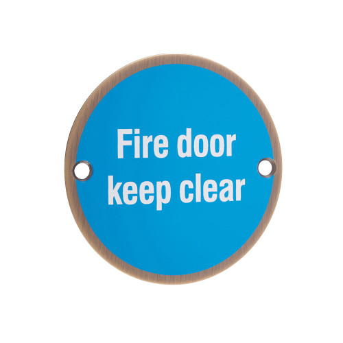 Signage - Fire door keep clear - 76mm Dia - Antique Brass